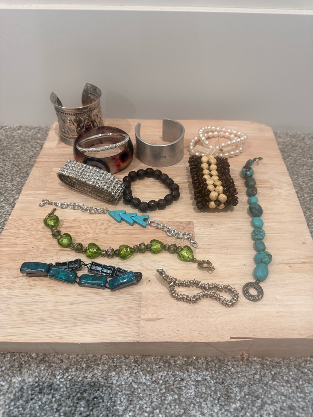 Mixed Turquoise, Green & Neutral Women's Bracelet Set - Multiple Styles 14 Piece